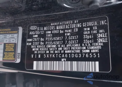 2013 Kia Sorento Lx z USA, uszkodzony, nr VIN 5XYKTCA61DG376551